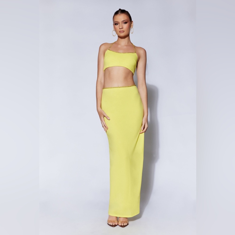 BNWT- Meshki Arya Diamante Rope Halter Set in Chartreuse- Bottom XS, Top XXS